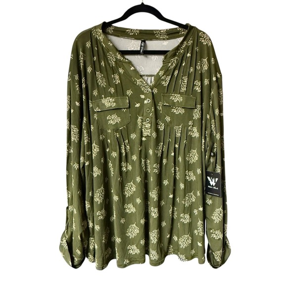 White Mark Tops - White Mark Henley Tunic Women 3X Olive Green Botanical Print Roll Tab NWT